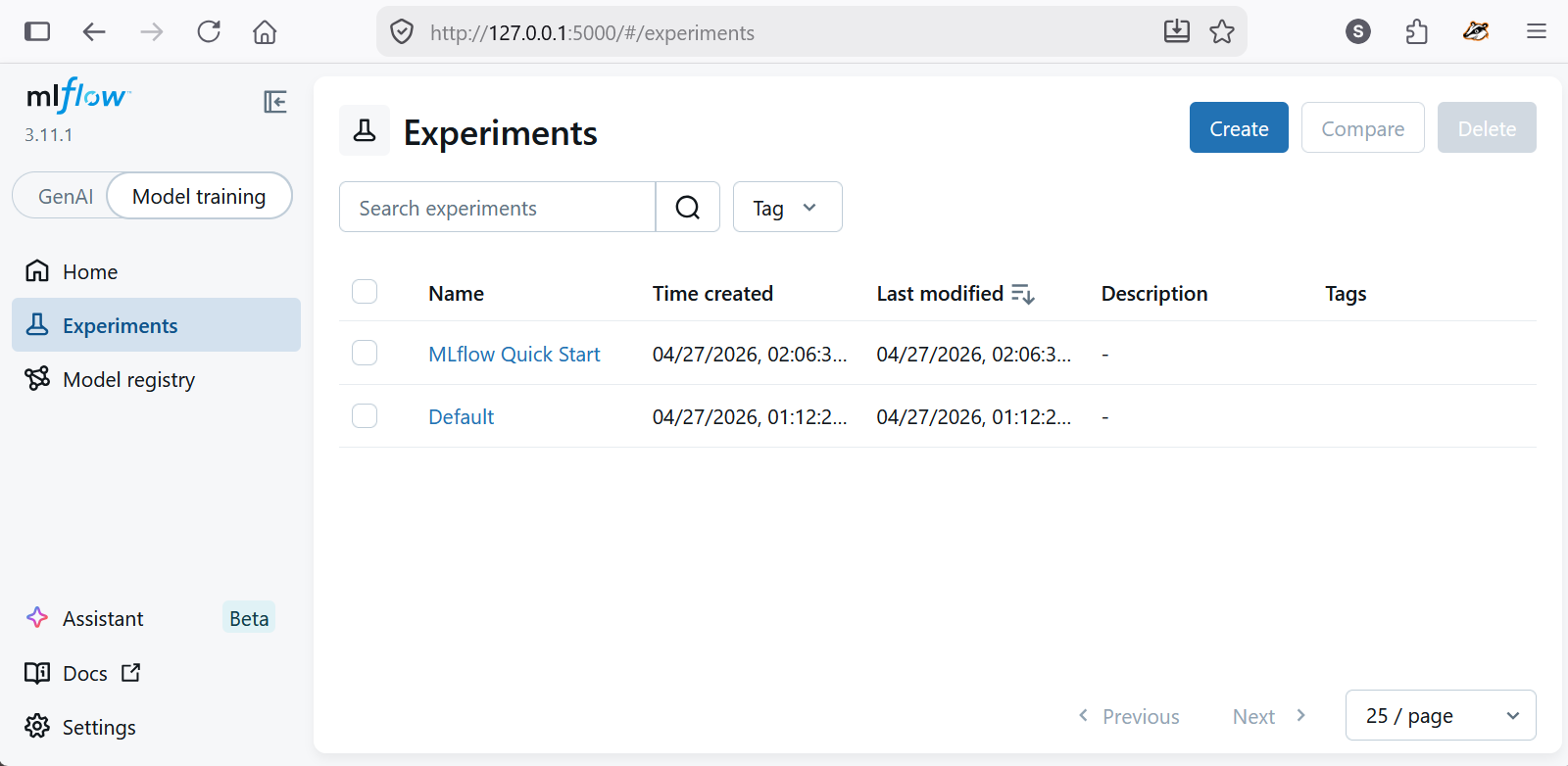 View of MLflow UI Home Page